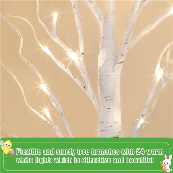 Easter Tree, 2FT Birch Tree with LED Lights, Battery Powered, Timer (2PK) - Picture 4 of 7